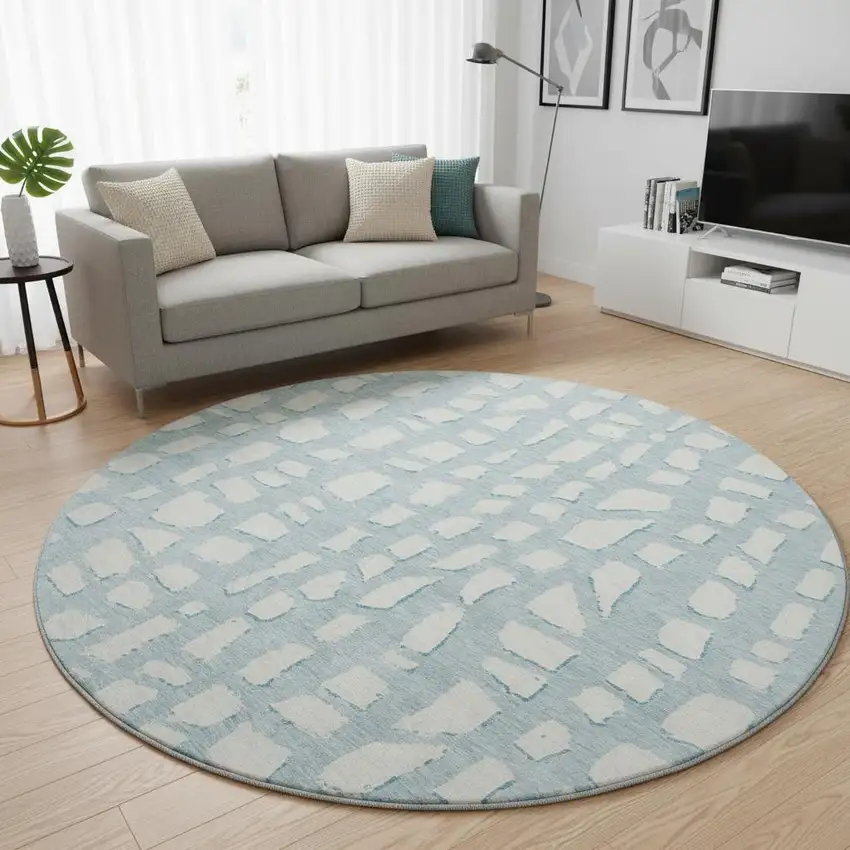 8' Sky Blue And Ivory Cobblestone Washable Round Rug With UV Protection Photo 2