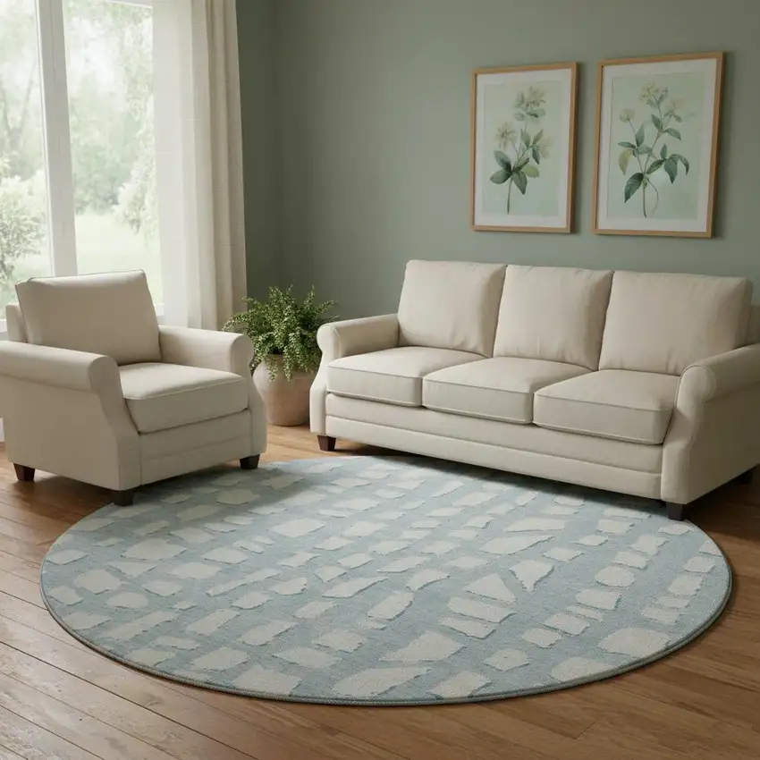 8' Sky Blue And Ivory Cobblestone Washable Round Rug With UV Protection Photo 1