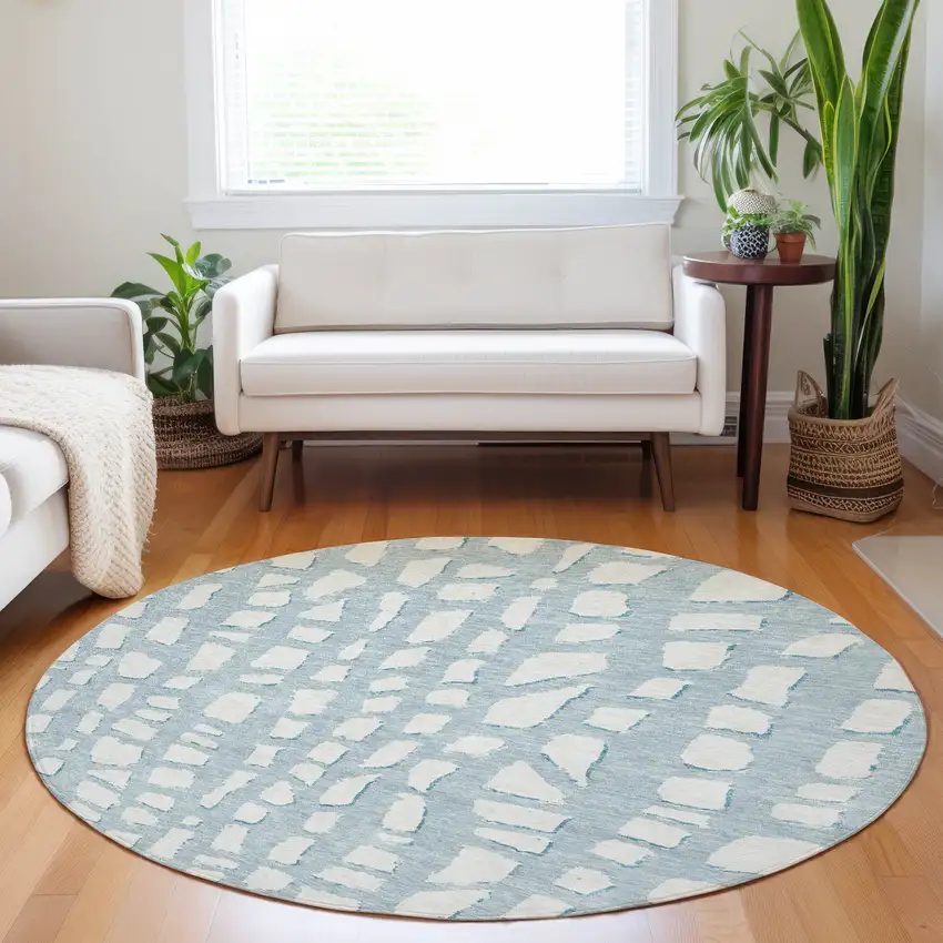 8' Sky Blue And Ivory Cobblestone Washable Round Rug With UV Protection Photo 5