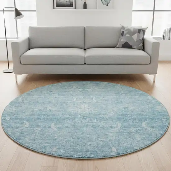 8' Sky Blue And Ivory Damask Washable Round Rug With UV Protection Photo 2