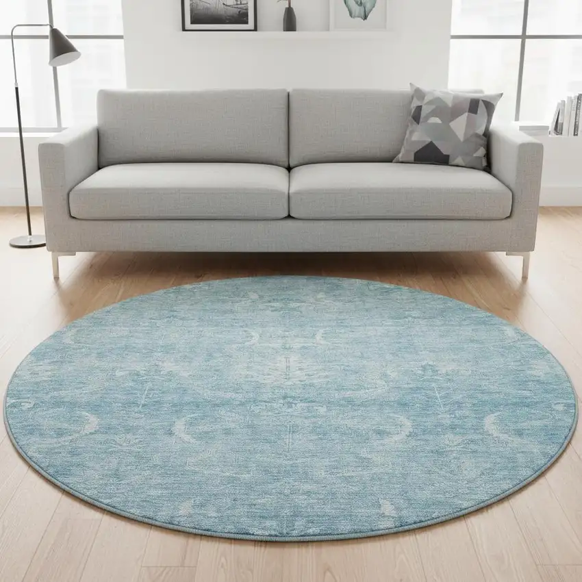 8' Sky Blue And Ivory Damask Washable Round Rug With UV Protection Photo 2