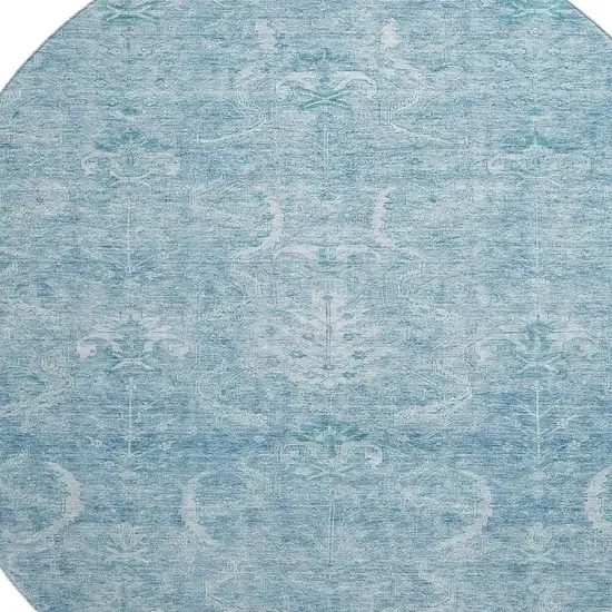 8' Sky Blue And Ivory Damask Washable Round Rug With UV Protection Photo 2