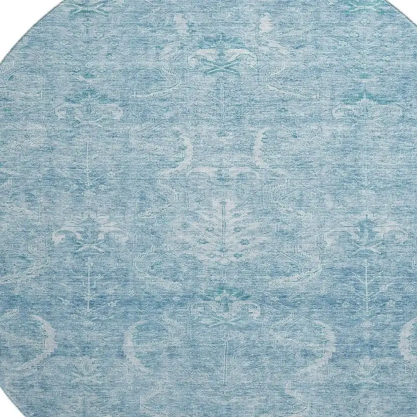 8' Sky Blue And Ivory Damask Washable Round Rug With UV Protection Photo 2