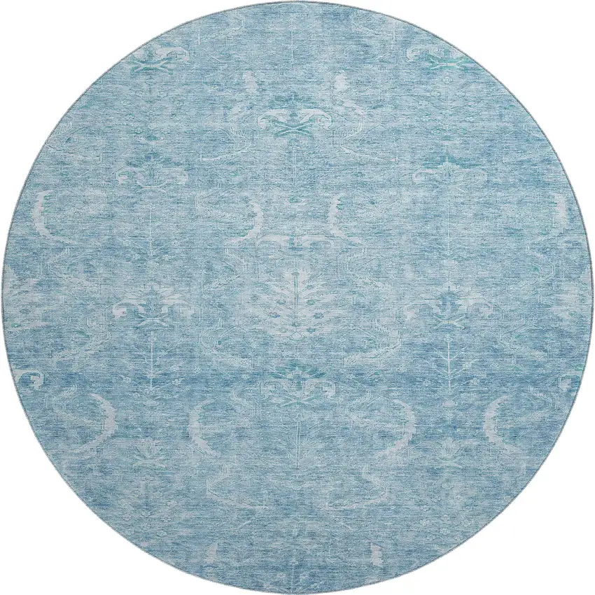 8' Sky Blue And Ivory Damask Washable Round Rug With UV Protection Photo 1