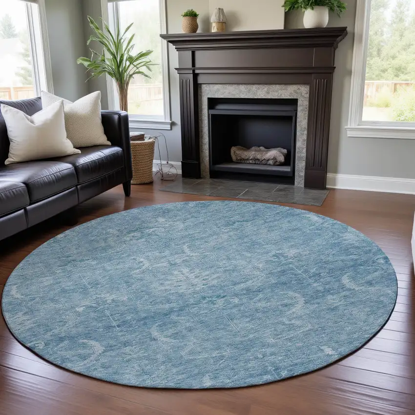 8' Sky Blue And Ivory Damask Washable Round Rug With UV Protection Photo 4