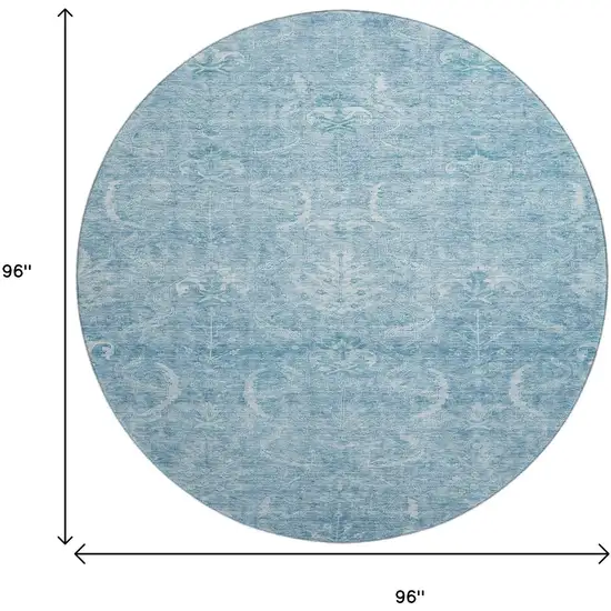 8' Sky Blue And Ivory Damask Washable Round Rug With UV Protection Photo 9