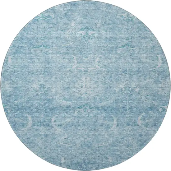 8' Sky Blue And Ivory Damask Washable Round Rug With UV Protection Photo 3