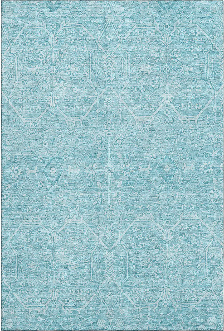 8' Sky Blue And Ivory Floral Washable Area Rug With UV Protection Photo 1