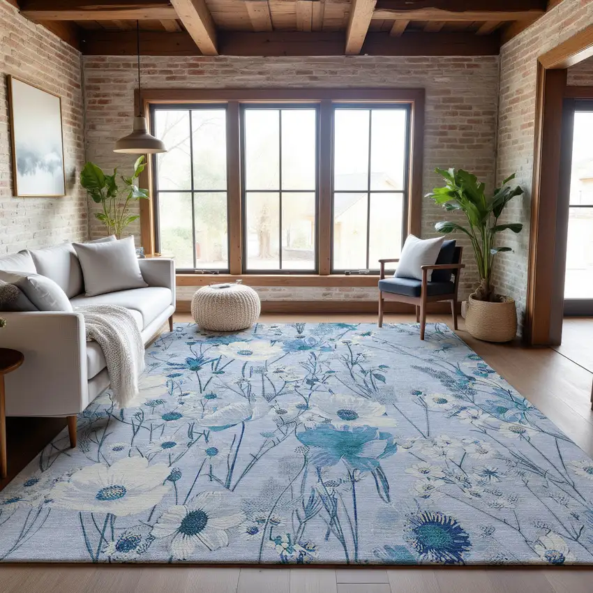 8' Sky Blue And Ivory Floral Washable Area Rug With UV Protection Photo 5