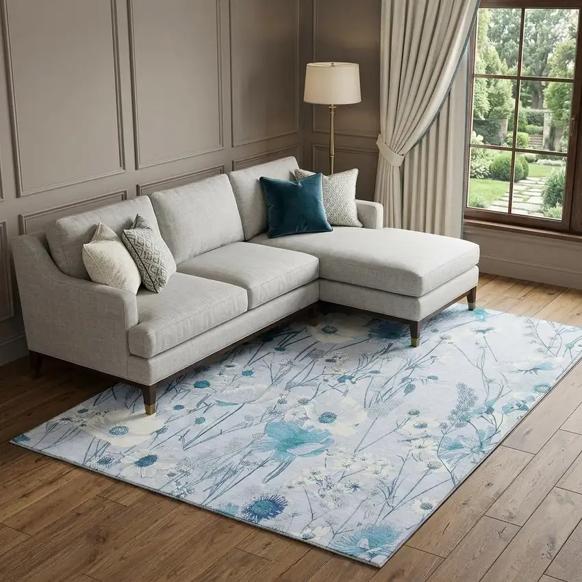 8' Sky Blue And Ivory Floral Washable Area Rug With UV Protection Photo 1