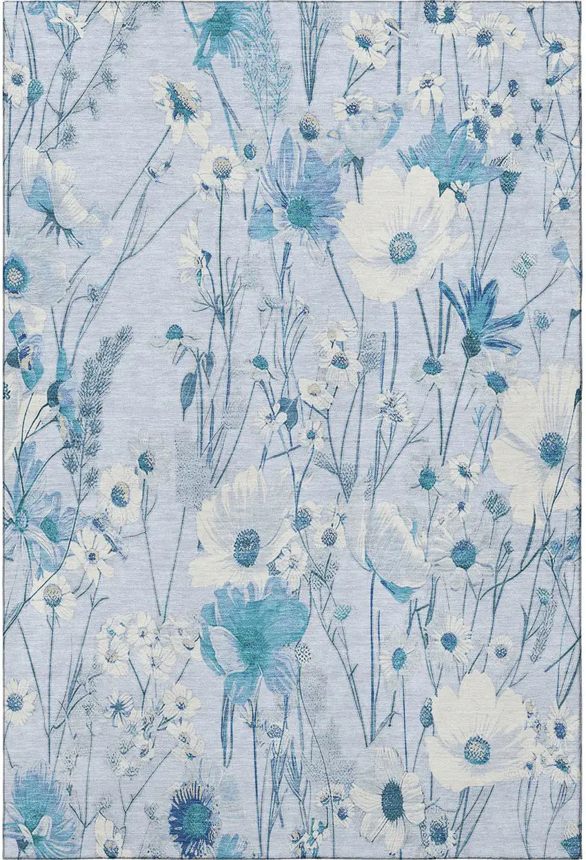 8' Sky Blue And Ivory Floral Washable Area Rug With UV Protection Photo 3