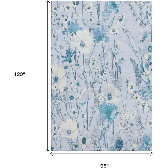 8' Sky Blue And Ivory Floral Washable Area Rug With UV Protection Photo 7