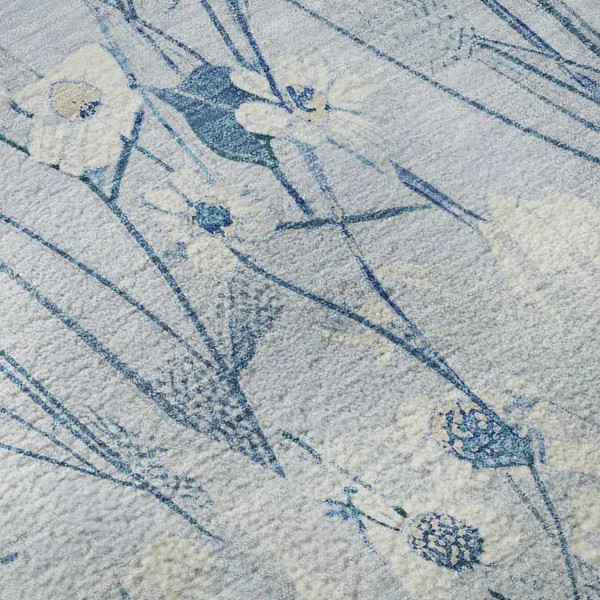 8' Sky Blue And Ivory Floral Washable Area Rug With UV Protection Photo 9