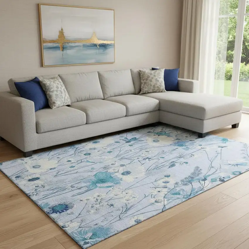 8' Sky Blue And Ivory Floral Washable Area Rug With UV Protection Photo 2
