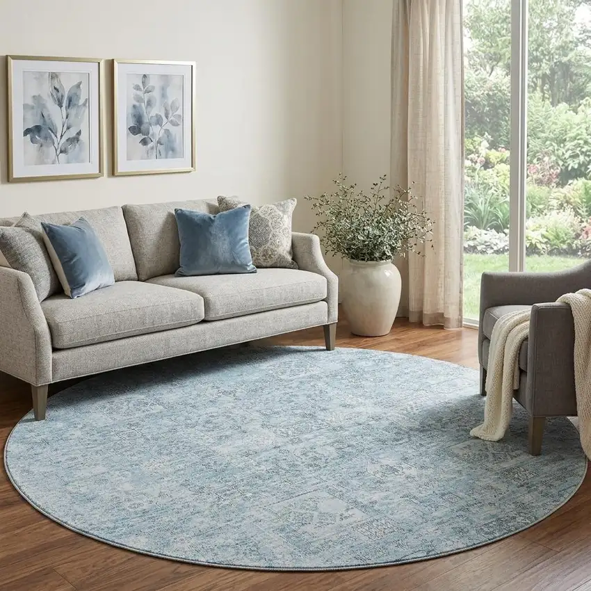 8' Sky Blue And Ivory Floral Washable Round Rug With UV Protection Photo 1