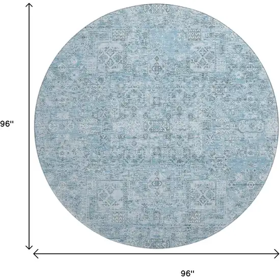 8' Sky Blue And Ivory Floral Washable Round Rug With UV Protection Photo 3