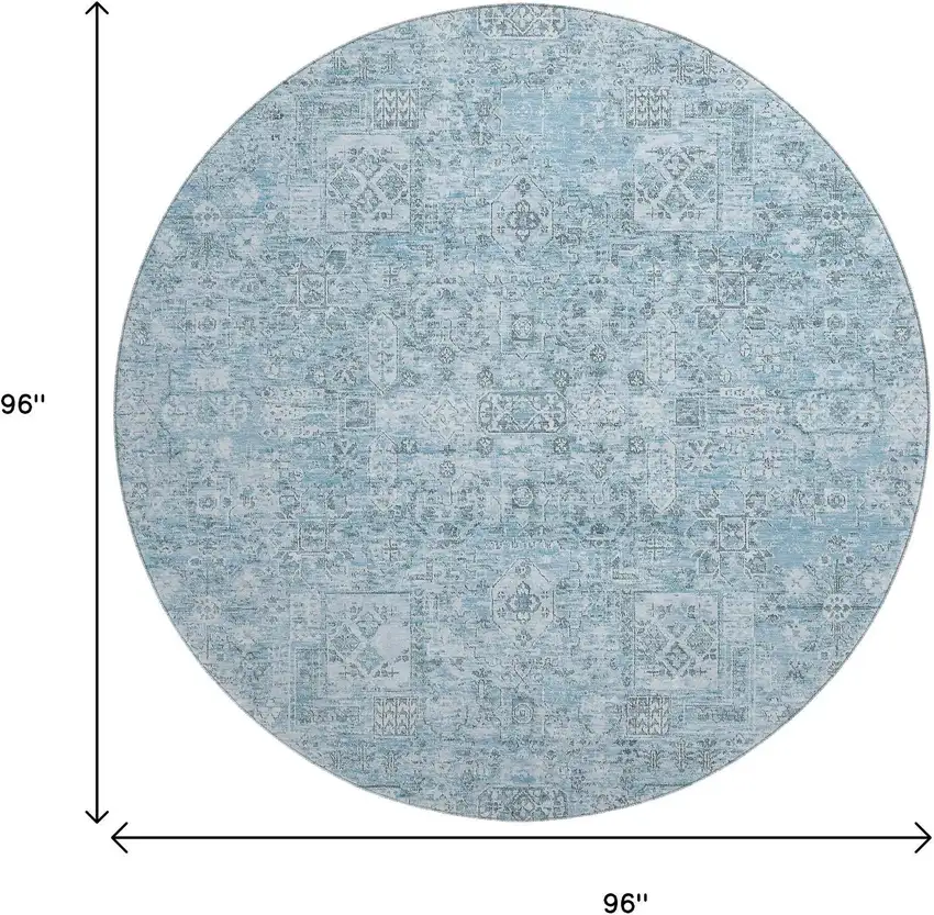 8' Sky Blue And Ivory Floral Washable Round Rug With UV Protection Photo 3