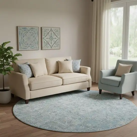8' Sky Blue And Ivory Floral Washable Round Rug With UV Protection Photo 1