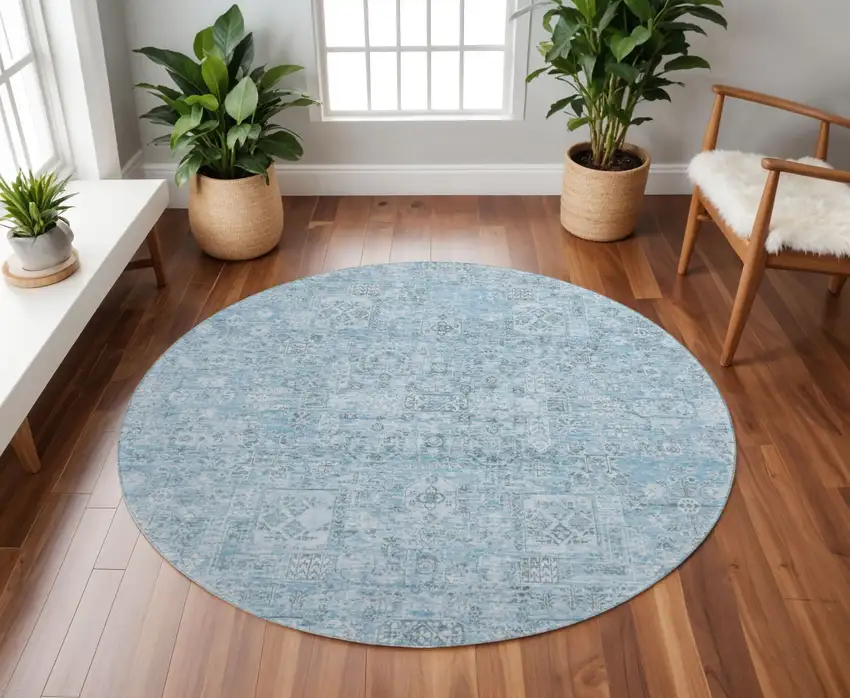 8' Sky Blue And Ivory Floral Washable Round Rug With UV Protection Photo 2
