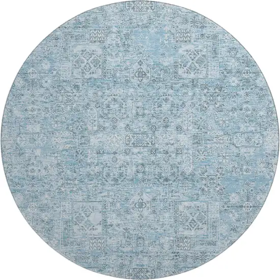 8' Sky Blue And Ivory Floral Washable Round Rug With UV Protection Photo 1
