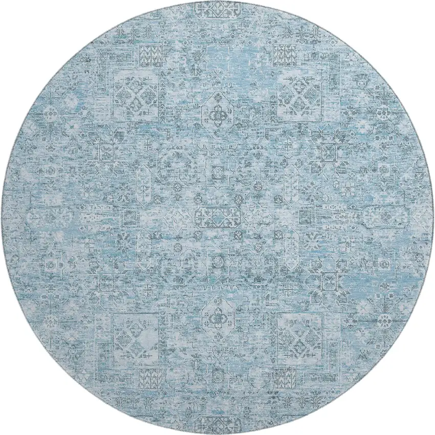 8' Sky Blue And Ivory Floral Washable Round Rug With UV Protection Photo 1