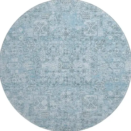 8' Sky Blue And Ivory Floral Washable Round Rug With UV Protection Photo 3