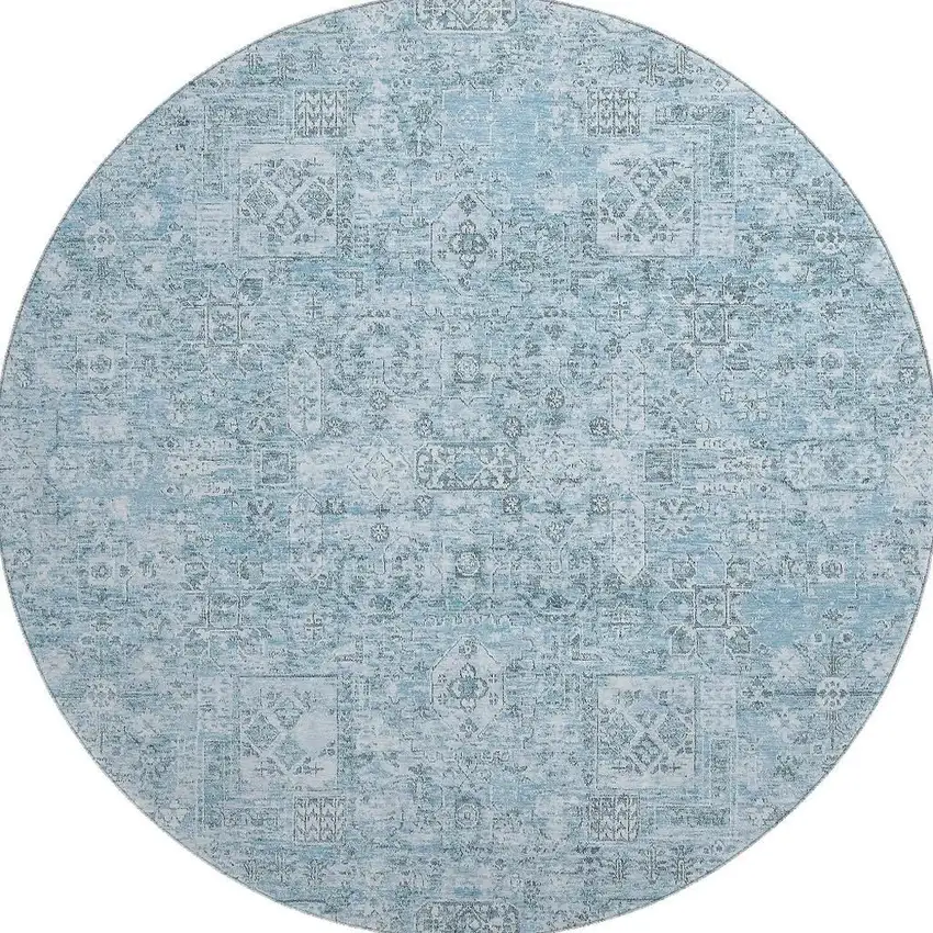 8' Sky Blue And Ivory Floral Washable Round Rug With UV Protection Photo 3