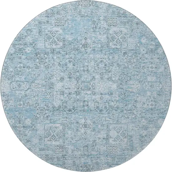 8' Sky Blue And Ivory Floral Washable Round Rug With UV Protection Photo 4