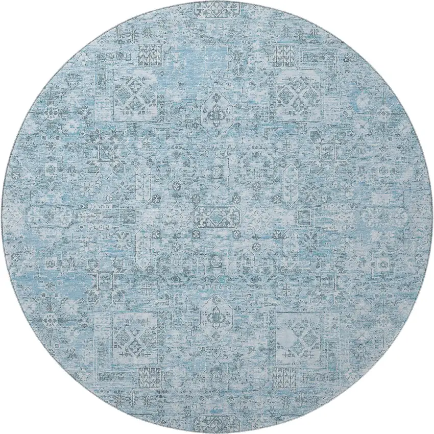 8' Sky Blue And Ivory Floral Washable Round Rug With UV Protection Photo 4