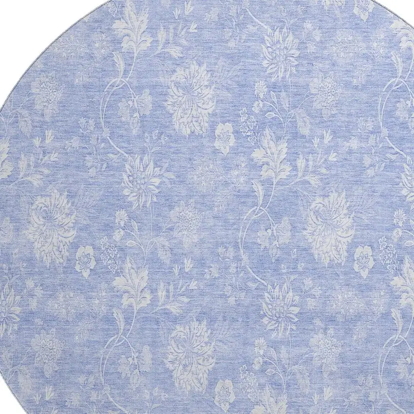 8' Sky Blue And Ivory Floral Washable Round Rug With UV Protection Photo 4