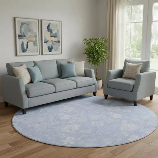 8' Sky Blue And Ivory Floral Washable Round Rug With UV Protection Photo 1