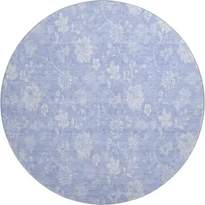 Photo of 8' Sky Blue And Ivory Floral Washable Round Rug With UV Protection