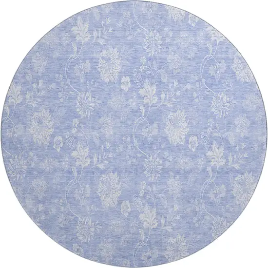 8' Sky Blue And Ivory Floral Washable Round Rug With UV Protection Photo 1
