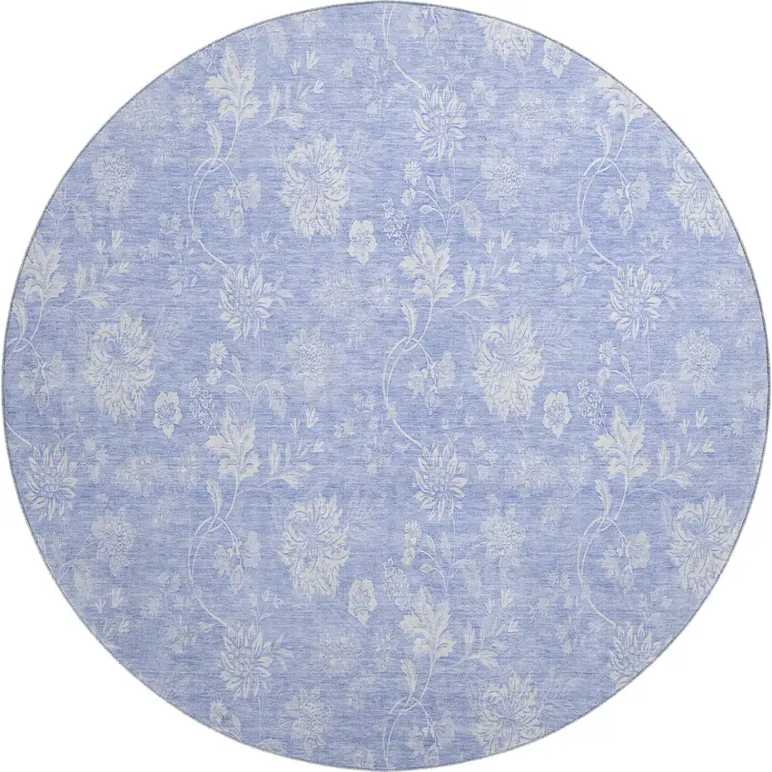 8' Sky Blue And Ivory Floral Washable Round Rug With UV Protection Photo 1