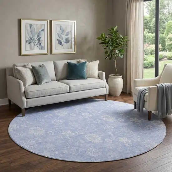 8' Sky Blue And Ivory Floral Washable Round Rug With UV Protection Photo 1