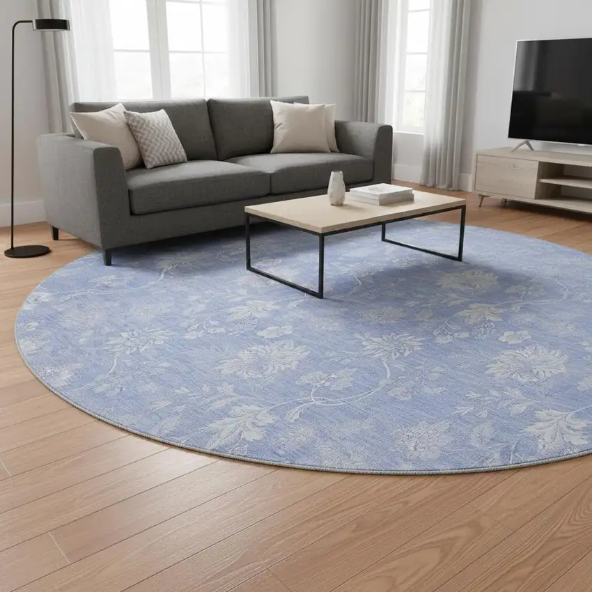 8' Sky Blue And Ivory Floral Washable Round Rug With UV Protection Photo 2