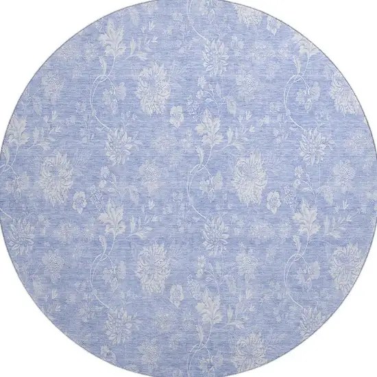 8' Sky Blue And Ivory Floral Washable Round Rug With UV Protection Photo 3