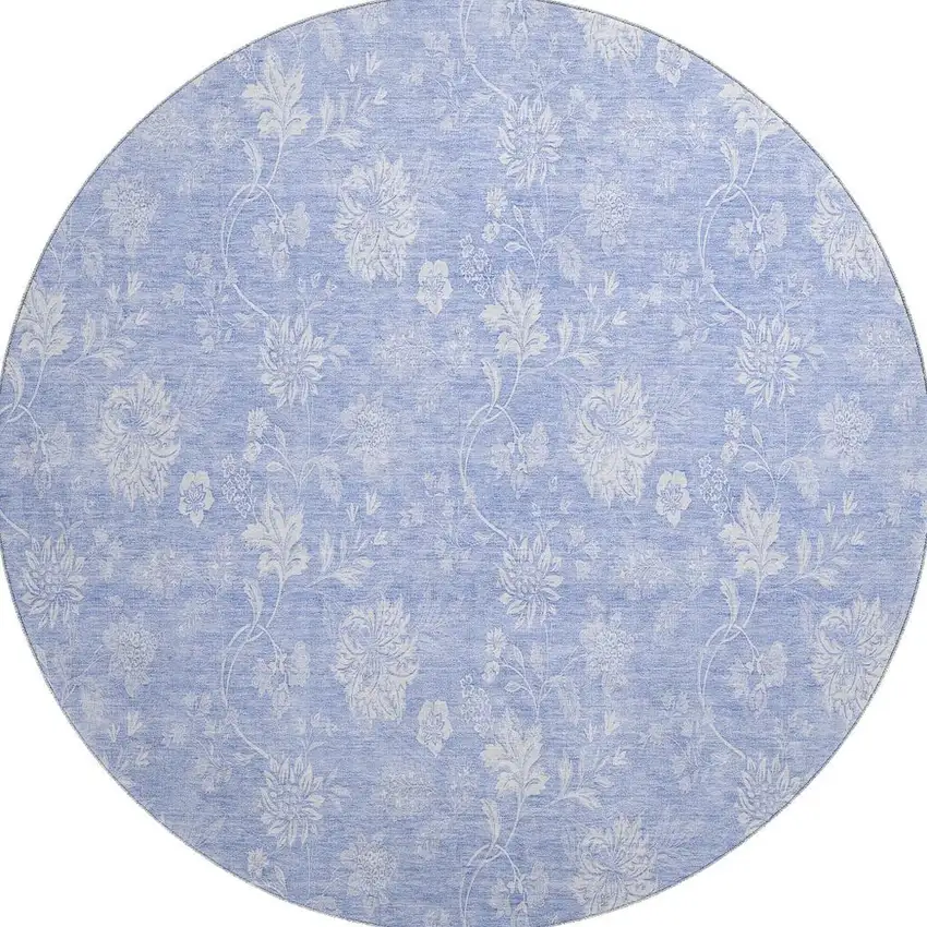 8' Sky Blue And Ivory Floral Washable Round Rug With UV Protection Photo 3