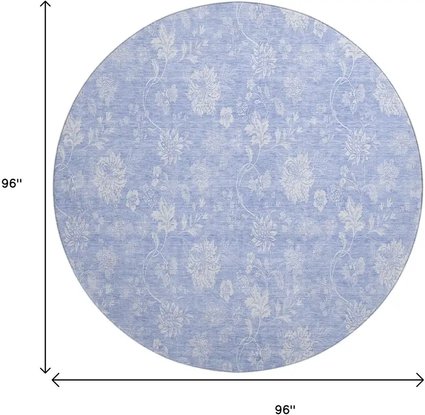8' Sky Blue And Ivory Floral Washable Round Rug With UV Protection Photo 6