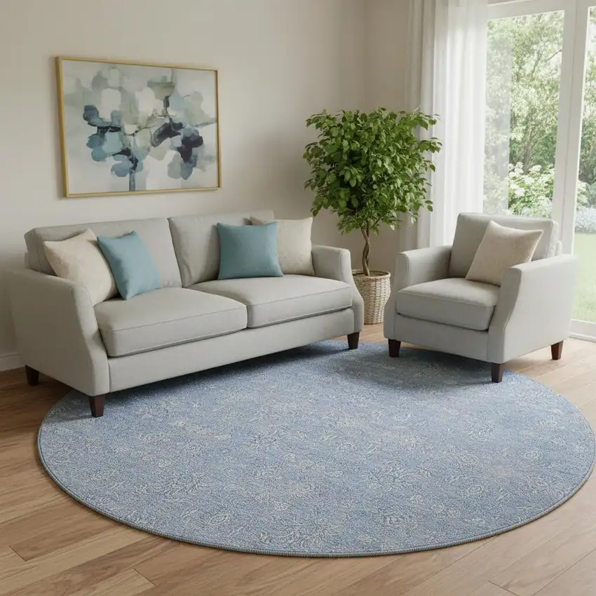 8' Sky Blue And Ivory Floral Washable Round Rug With UV Protection Photo 1