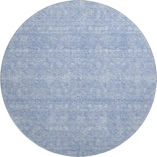 8' Sky Blue And Ivory Floral Washable Round Rug With UV Protection Photo 1