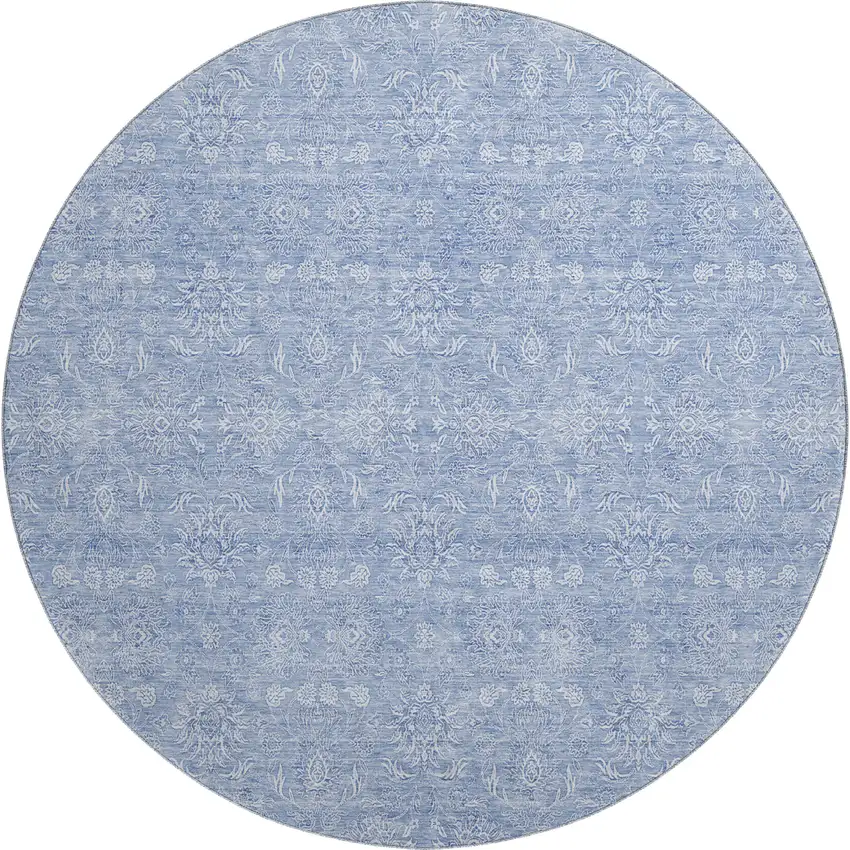 8' Sky Blue And Ivory Floral Washable Round Rug With UV Protection Photo 1