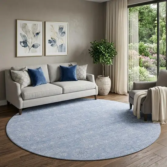 8' Sky Blue And Ivory Floral Washable Round Rug With UV Protection Photo 1