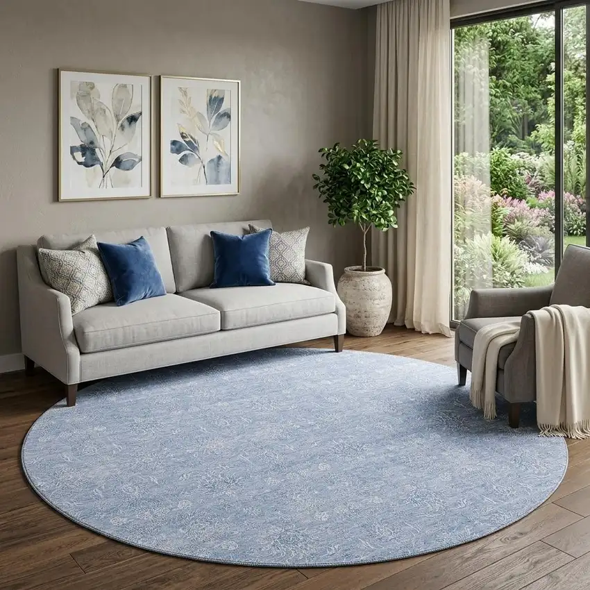 8' Sky Blue And Ivory Floral Washable Round Rug With UV Protection Photo 1