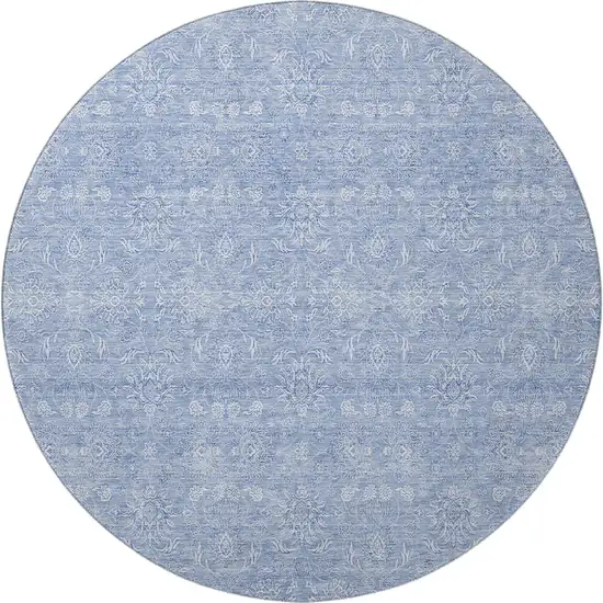 8' Sky Blue And Ivory Floral Washable Round Rug With UV Protection Photo 3