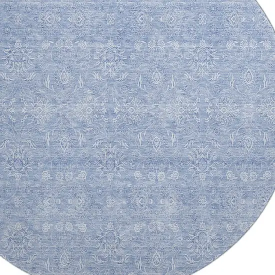8' Sky Blue And Ivory Floral Washable Round Rug With UV Protection Photo 4