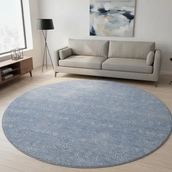 8' Sky Blue And Ivory Floral Washable Round Rug With UV Protection Photo 2