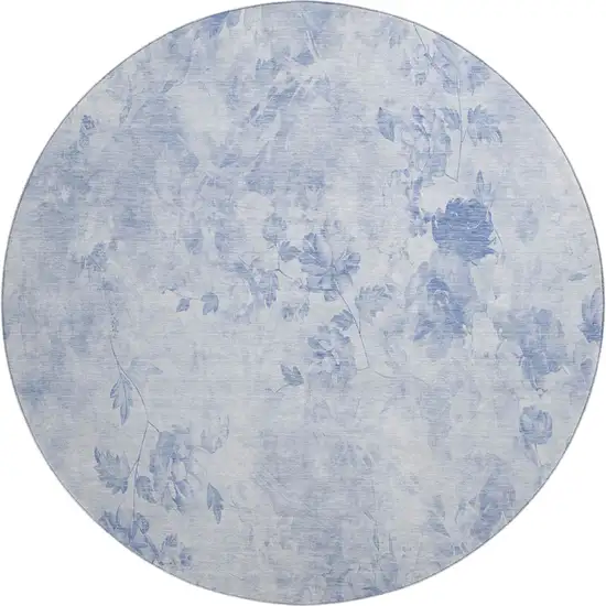 8' Sky Blue And Ivory Floral Washable Round Rug With UV Protection Photo 1