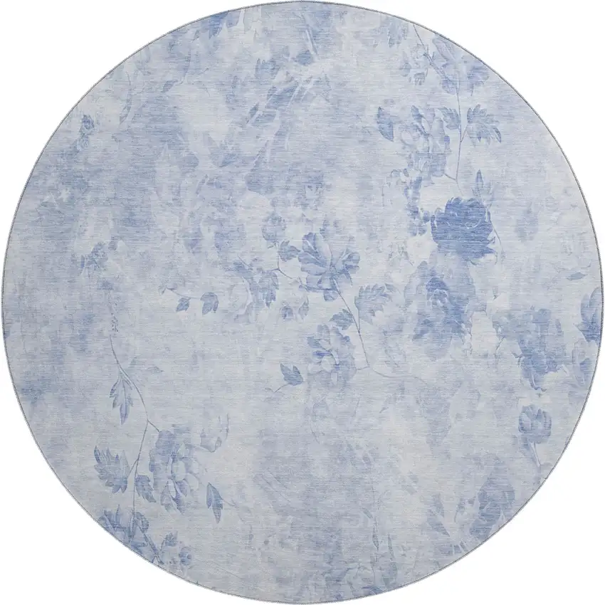 8' Sky Blue And Ivory Floral Washable Round Rug With UV Protection Photo 1