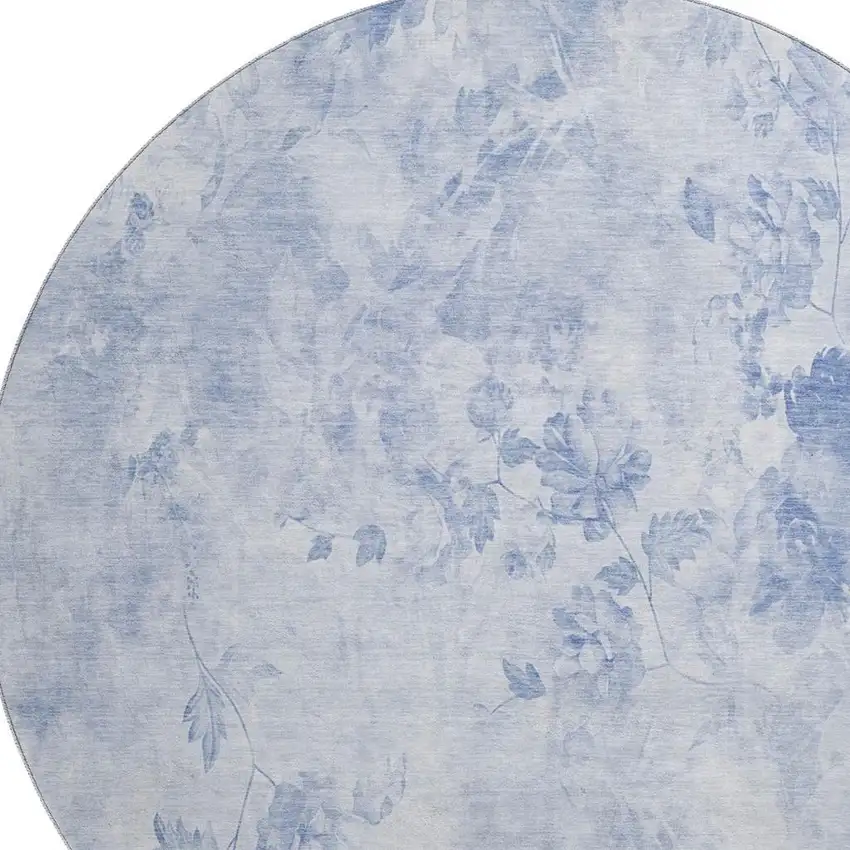8' Sky Blue And Ivory Floral Washable Round Rug With UV Protection Photo 2